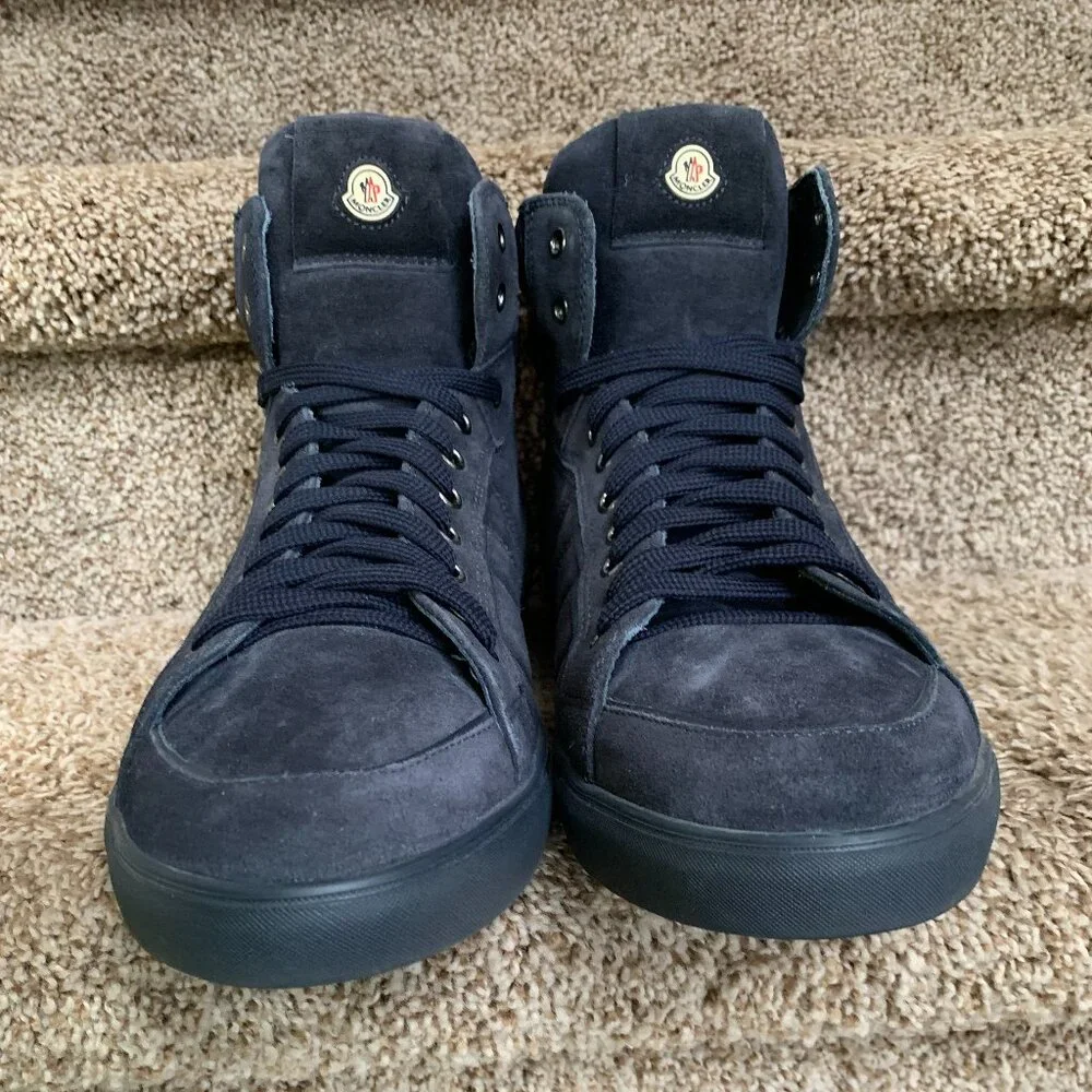 Moncler Men's Suede Blue Round-Toes Lace-Up High Top Sneakers . - Picture 5 of 15